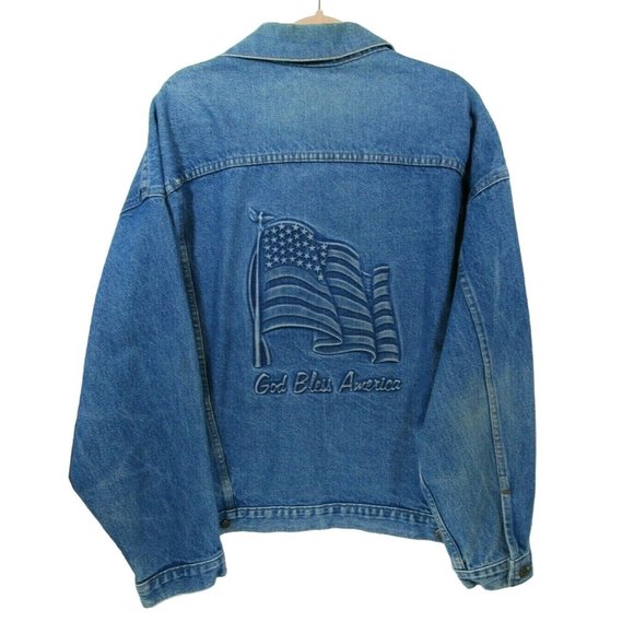 Men’s Denim Jean Jacket Embossed God Bless America XL Tyca Buttons Made in USA - Picture 1 of 5